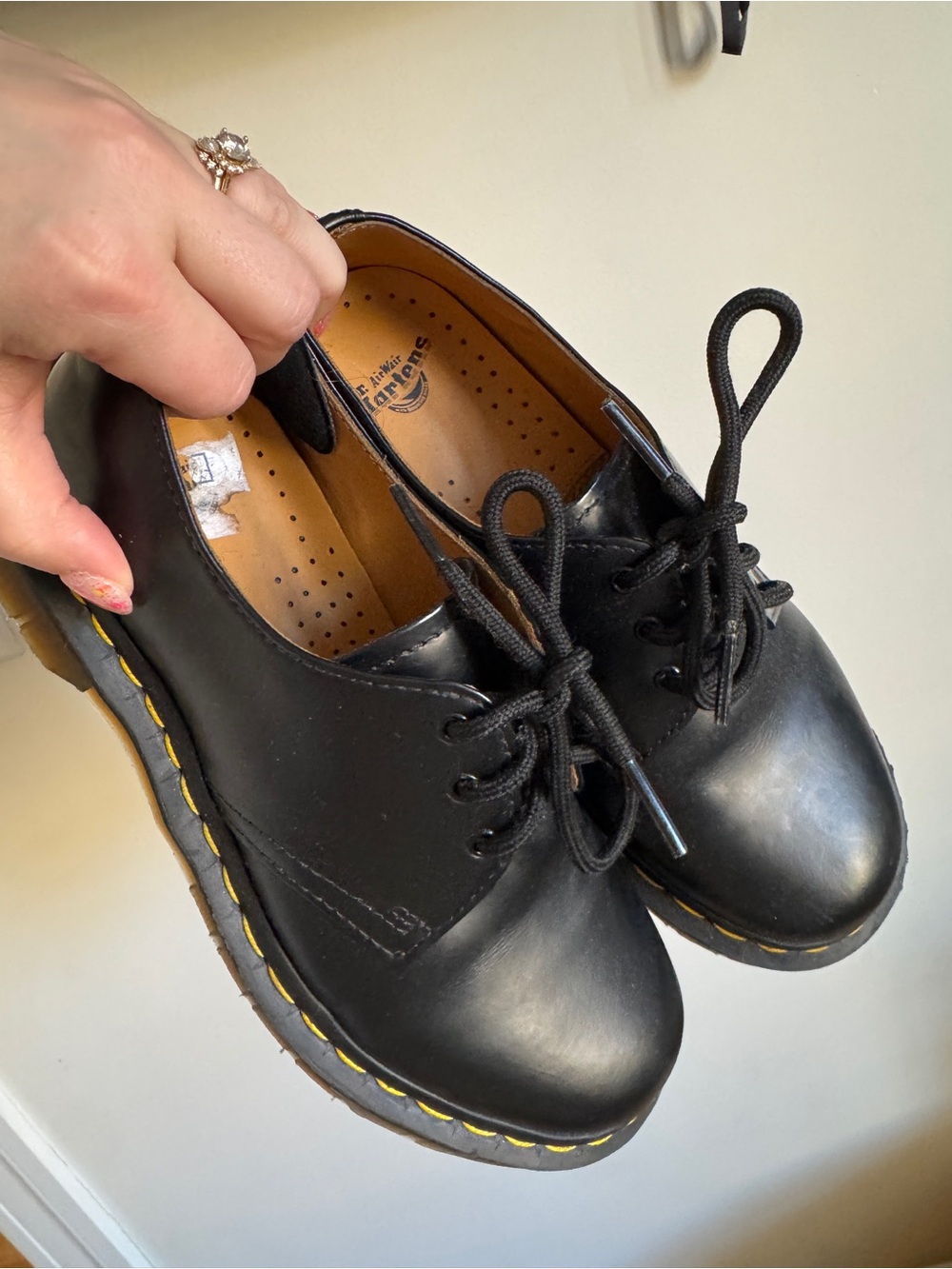 Dr. Martens Black Leather Lace-Up Shoes with Yellow Stitching Oxfords